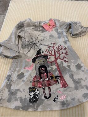Rare Editions Gray Tie-Dye Tunic with Pink Bow and Gold Accent for Halloween
